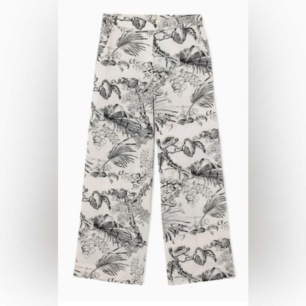 COS Botanical Print Wide Leg Pants in Black & cream size 2